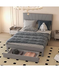 Gymax Queen Upholstered Bed Frame Platform with Drawer & Adjustable Headboard Grey