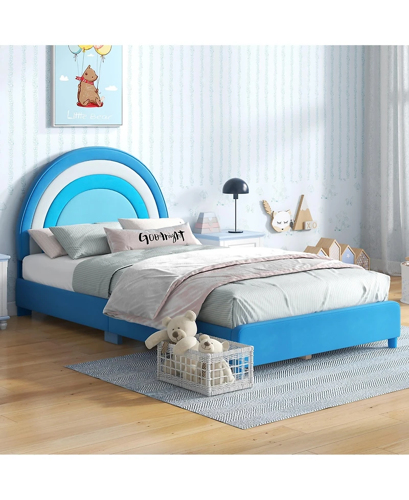 Gymax Kids Twin Platform Bed Frame Upholstered w/ Wooden Slats Support Blue