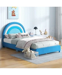 Gymax Kids Twin Platform Bed Frame Upholstered w/ Wooden Slats Support Blue