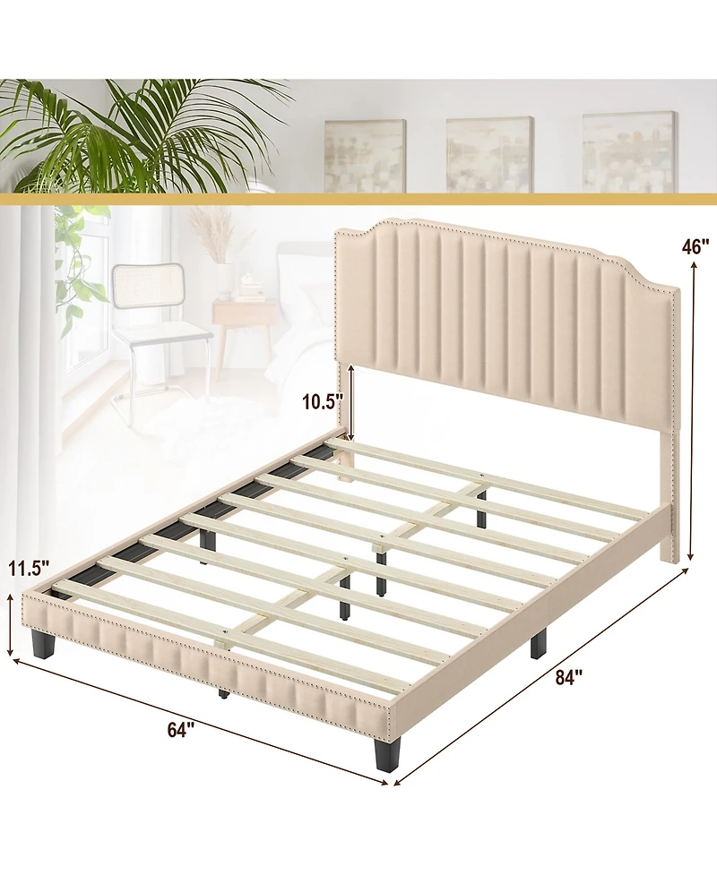 Gymax Queen Upholstered Bed Frame with linen fabric vertical lines Rivets headboard