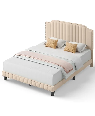 Gymax Queen Upholstered Bed Frame with linen fabric vertical lines Rivets headboard