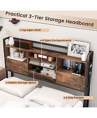 Gymax Full Size Bed Frame w/ Bookcase Headboard & 4 Storage Drawers Vintage Brown