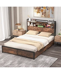 Gymax Full Size Bed Frame w/ Bookcase Headboard & 4 Storage Drawers Vintage Brown