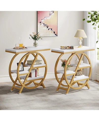 Tribesigns End Table for Living Room, 3-Tier Faux Marble Side Table with Storage, Wood Narrow Sofa Side Table with Geometric Metal Frame, Modern Night