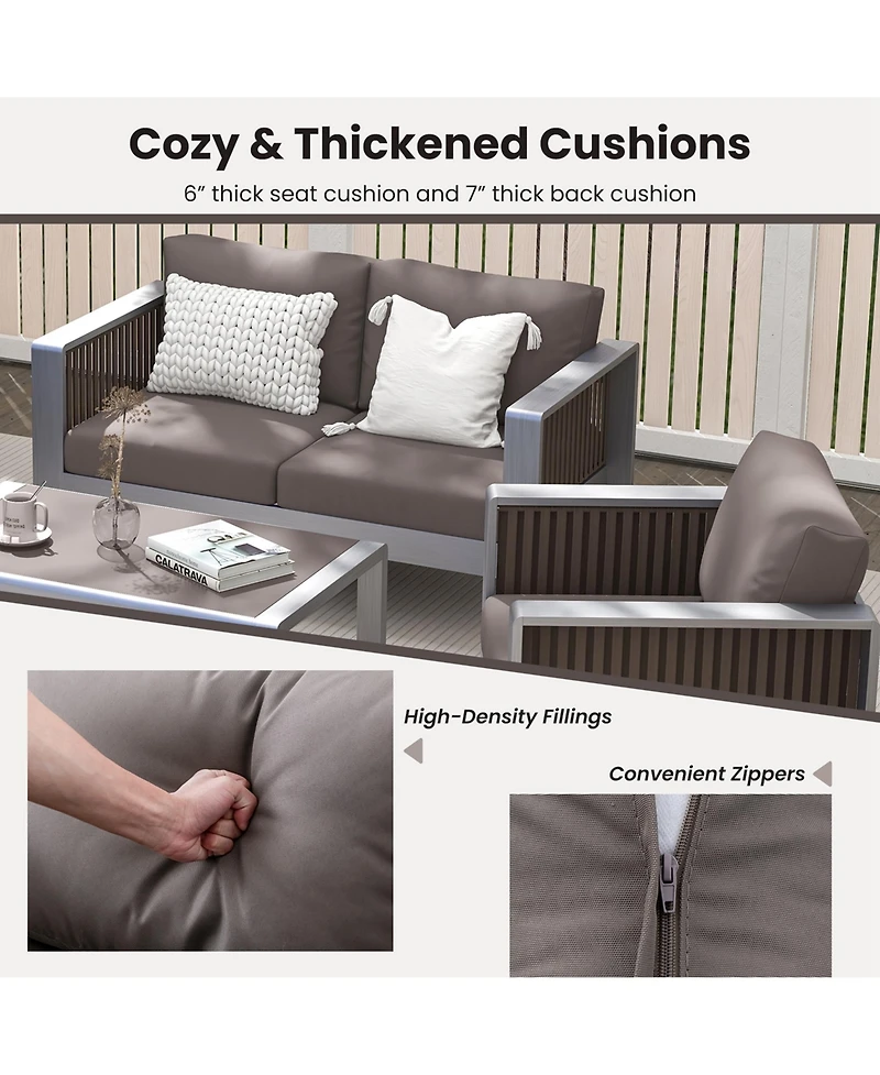 Costway 4 Pcs Aluminum Patio Furniture Set with Thick Cushions & Tempered Glass Tabletop