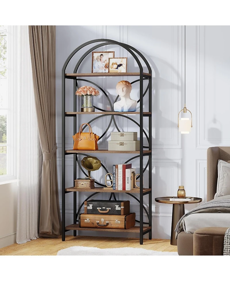 Tribesigns 5-Tier Bookshelf, 75 Inch Tall Arched Bookcase Shelf Storage Organizer, Industrial Book Rack With Metal Frame, Open Standing Display Rack