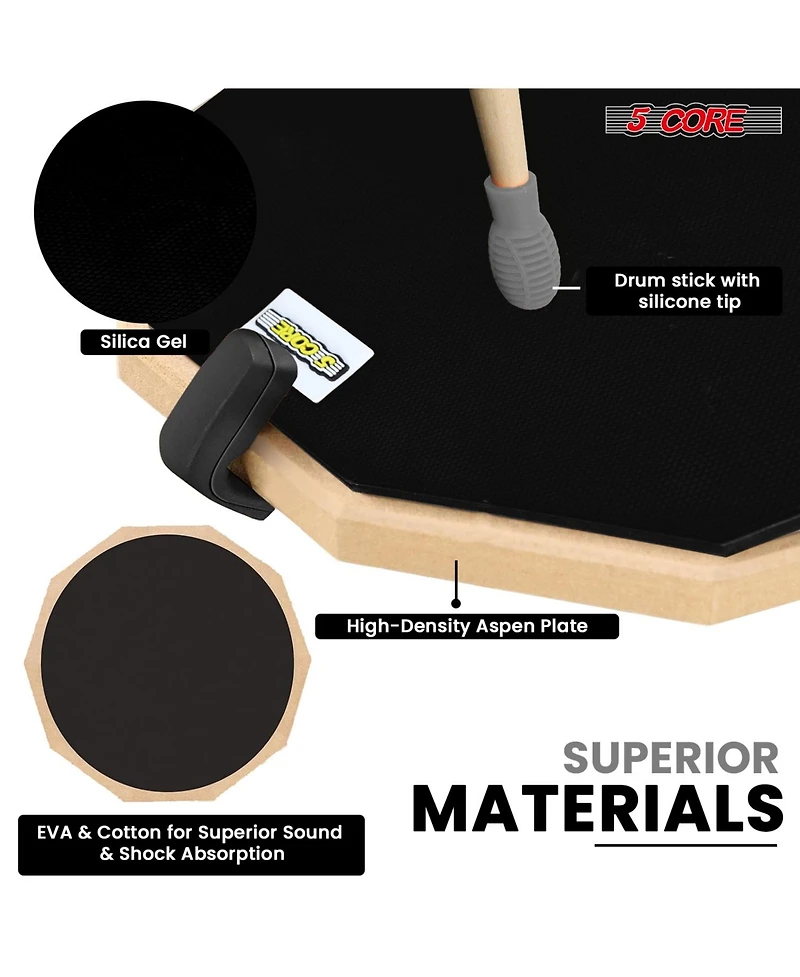 5 Core Drum Practice Pad Set 12" Adjustable Snare Drumming Stand Double Sided Silent Drummer Kit