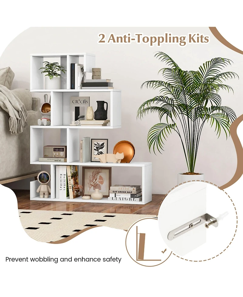 2 Pcs S-shaped Bookshelf Freestanding Stepped Etagere Bookcase with Anti-tipping Kits
