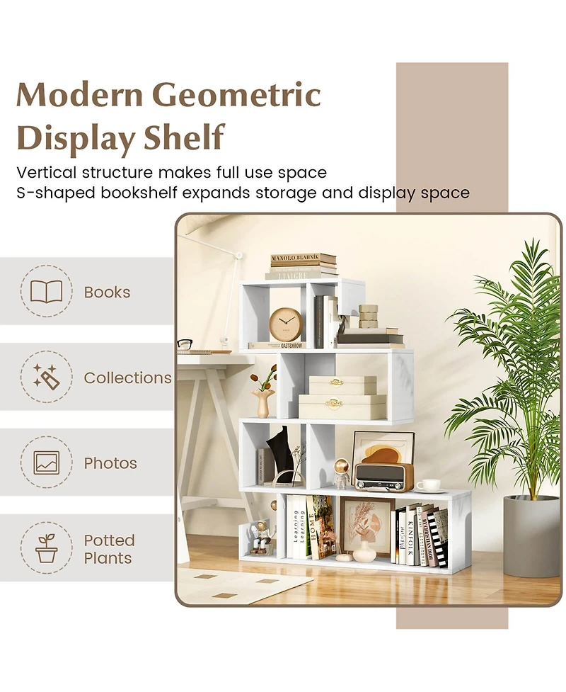 2 Pcs S-shaped Bookshelf Freestanding Stepped Etagere Bookcase with Anti-tipping Kits
