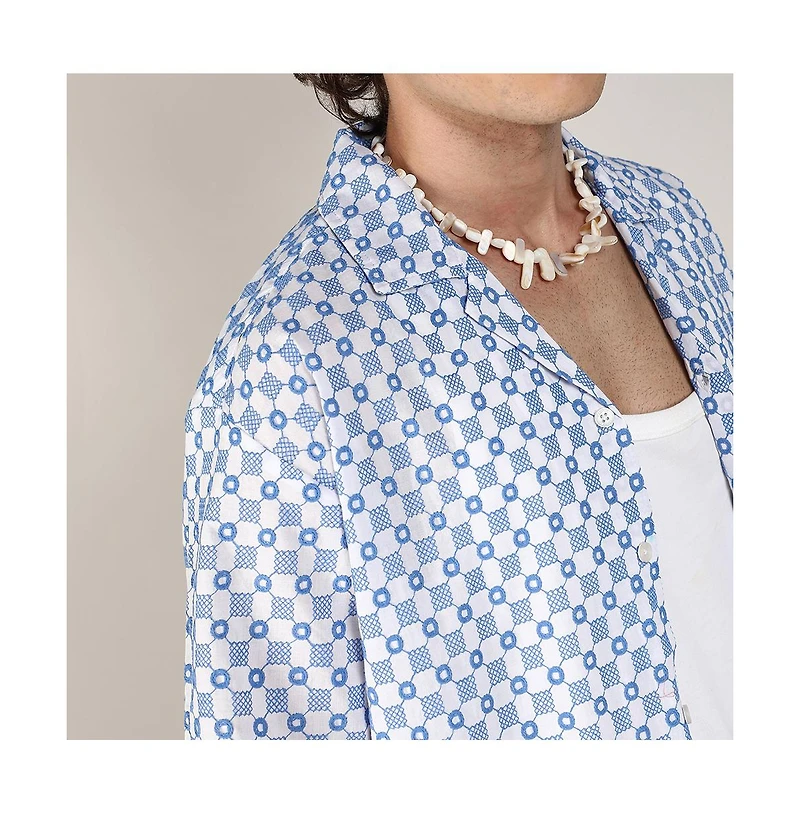 Men's Chalk White & Prussian Blue Embroidered Checkered Shirt