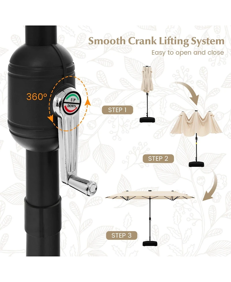 13FT Double-sided Patio Umbrella with Solar Lights Crank Handle Base