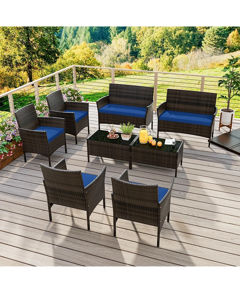 8 Pcs Patio Furniture Set with Washable Cushions and Tempered Glass Coffee Table