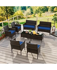8 Pcs Patio Furniture Set with Washable Cushions and Tempered Glass Coffee Table