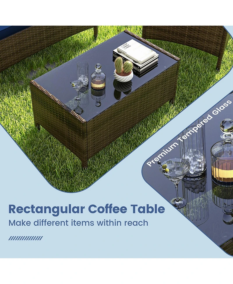 8 Pcs Patio Furniture Set with Washable Cushions and Tempered Glass Coffee Table