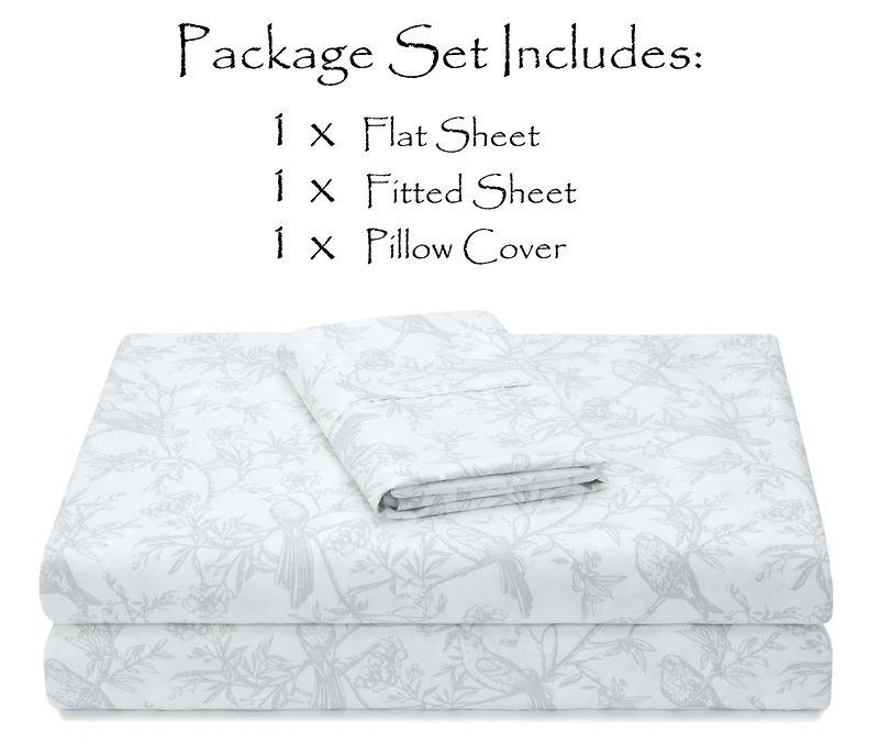 Chanasya Premium Vintage Style Birds Botanical Toile Printed King Bed Sheet Set - 1 Flat Fitted Pillowcase