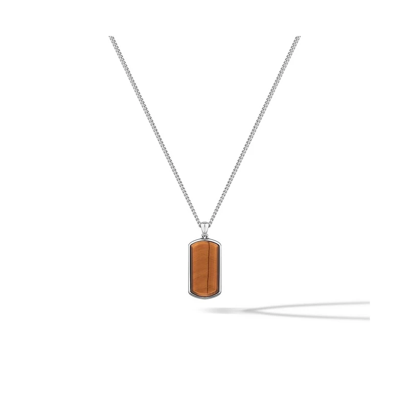 Vincero Men's Tag Pendant Necklace with Tigers Eye and Rhodium-Plated 925 Sterling Silver