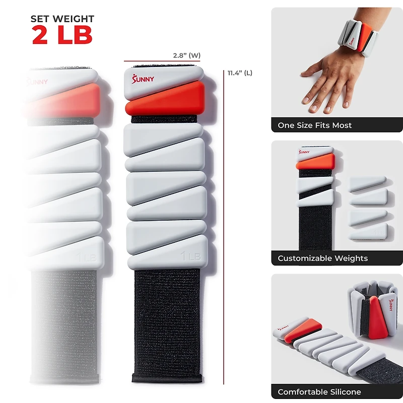 Sunny Health & Fitness 2 Lb Wearable Arm Weights, Set of 2 (1LB Each), Adjustable Silicone Ankle Weights