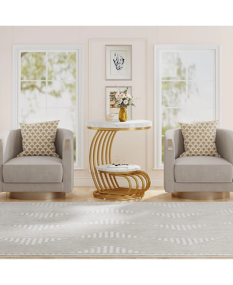 Tribesigns Gold Round End Table: 2 Tiers Side Table Set of 2 with Storage Shelf, Modern White Gold Bedside Nightstand, Metal Faux Marble Accent Table
