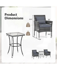 3 Pcs Patio Furniture Set witn Cushioned Chairs & Tempered Glass Coffee Table