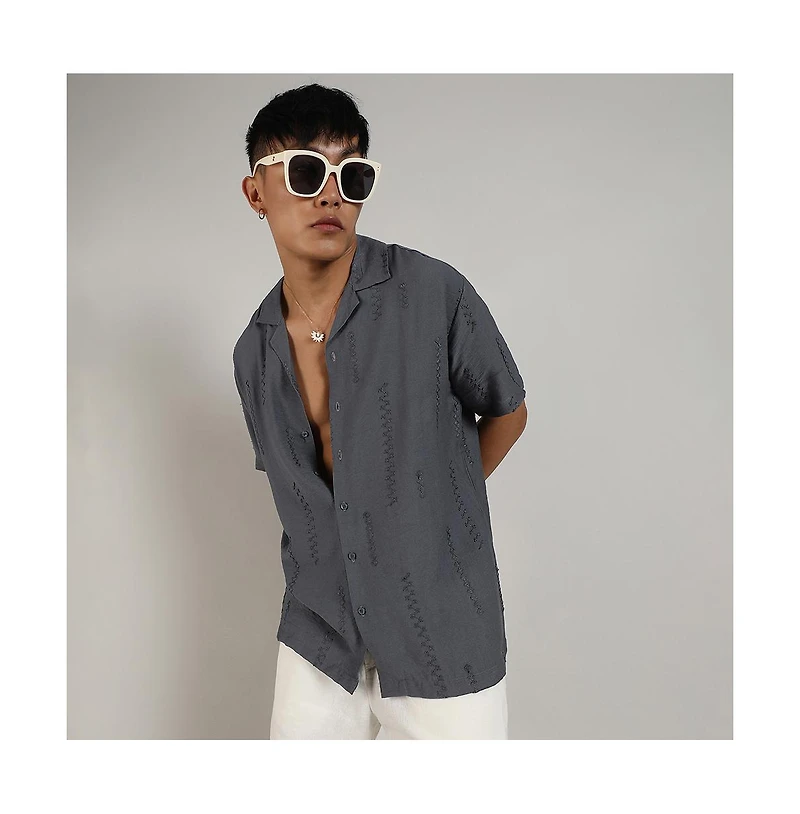 Campus Sutra Men's Ash Grey Embroidered Twist Shirt