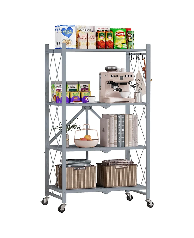 Sugift 4-Tier Folding Storage Shelves Metal Folding Shelves with Wheels, 600Lbs Capacity, Grey