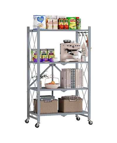 Sugift 4-Tier Folding Storage Shelves Metal Folding Shelves with Wheels, 600Lbs Capacity, Grey
