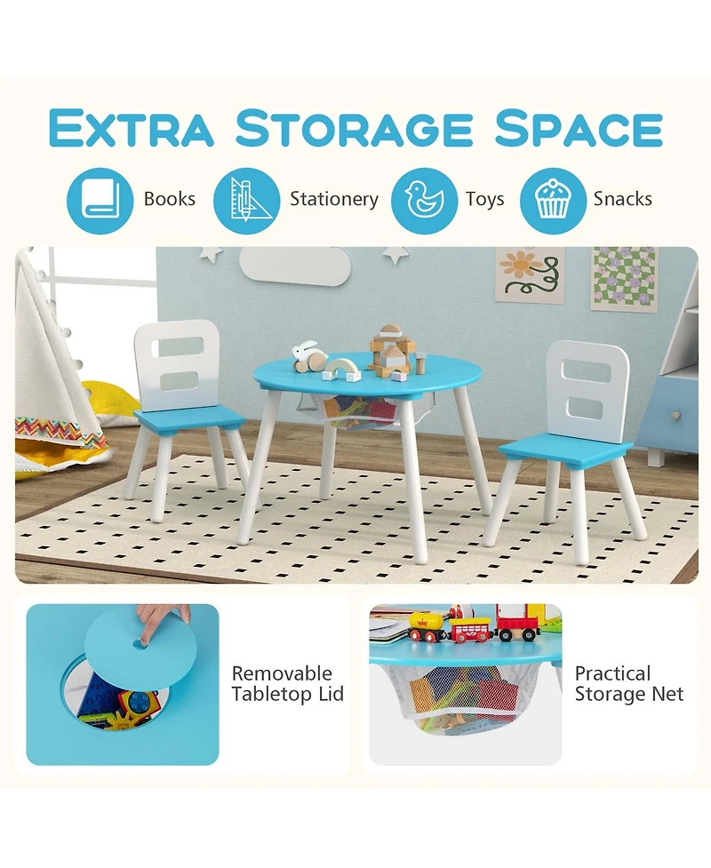 Kids Wooden Round Table & 2 Chair Set w/ Center Mesh Storage