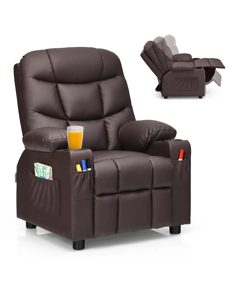 Kids Youth Recliner Chair Pu Leather w/Cup Holders & Side Pockets