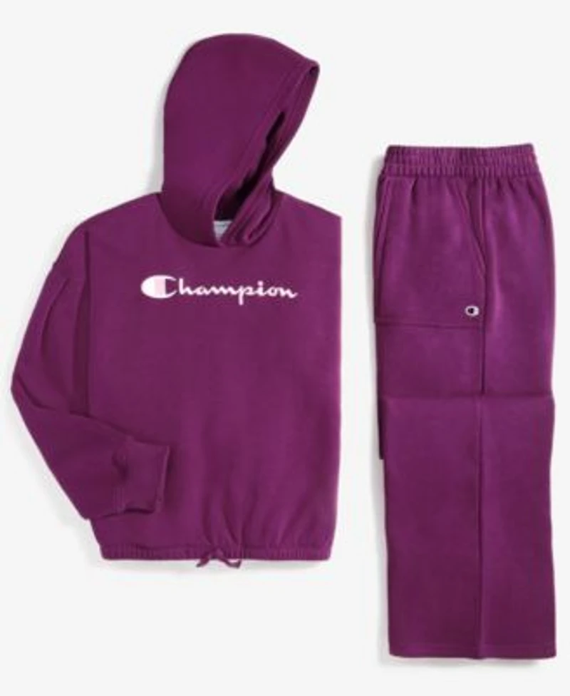 Champion Big Girls Logo Embroidered Tie Hem Hoodie Wide Leg Fleece Sweatpants