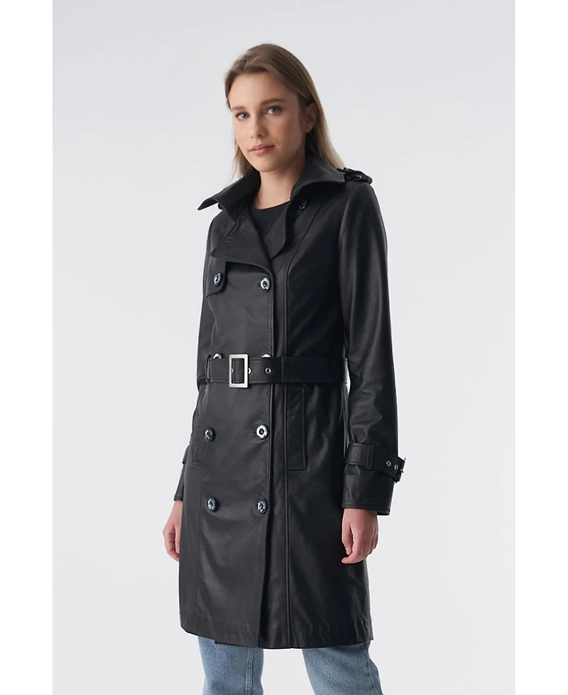 Furniq Uk Women's Genuine Leather Trench Coat, Black