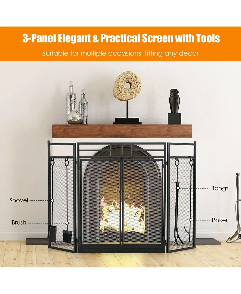 Sugift 3-Panel Folding Wrought Iron Fireplace Screen with Doors and 4 Pieces Tools Set