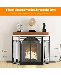 Sugift 3-Panel Folding Wrought Iron Fireplace Screen with Doors and 4 Pieces Tools Set
