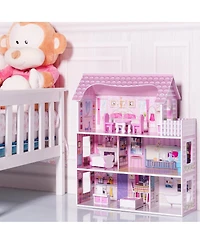 Gymax 28'' Pink Dollhouse w/ Furniture Gliding Elevator Rooms 3 Levels Young Girls Toy