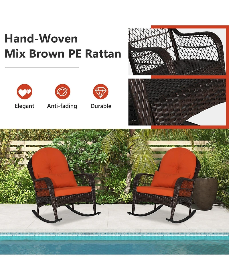 Sugift Patio Rattan Rocking Chair with Seat Back Cushions and Waist Pillow