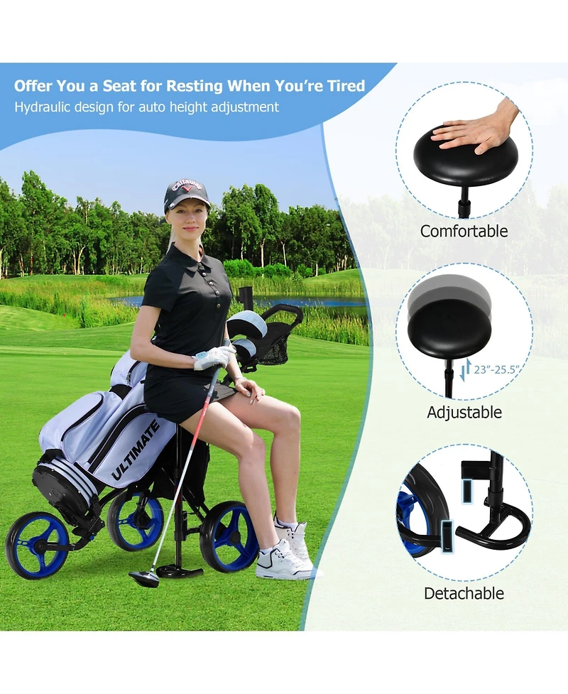 3 Wheel Folding Golf Push Cart with Seat Scoreboard and Adjustable Handle