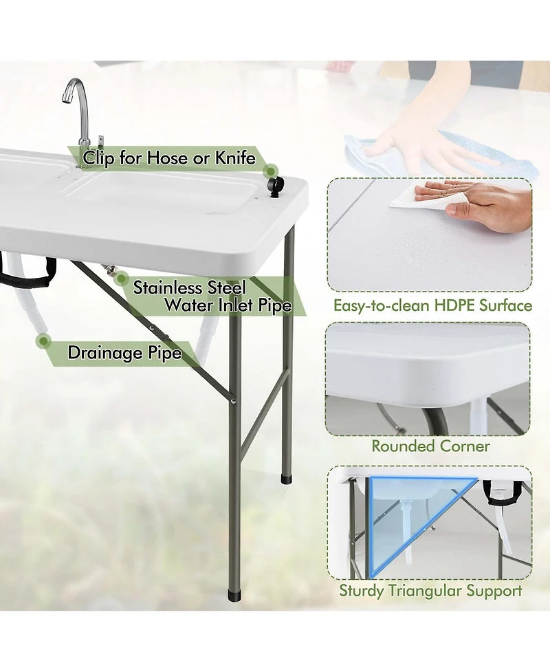 Folding Fish Cleaning Table with 2 Built-in Sinks & 360°Rotatable Faucet