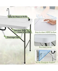 Folding Fish Cleaning Table with 2 Built-in Sinks & 360°Rotatable Faucet