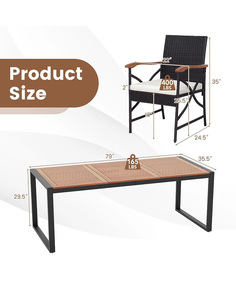 Costway 9 Pieces Patio Rattan Dining Set with Acacia Wood Table, 1.9" Umbrella Hole