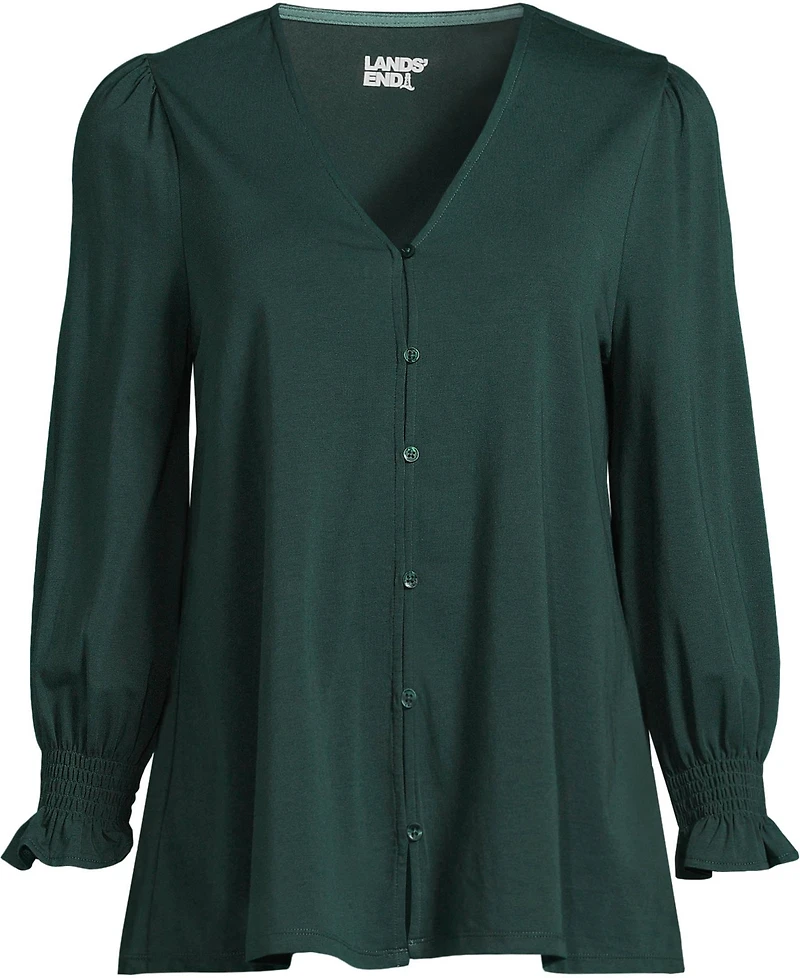 Lands' End Women's Plus 3/4 Sleeve Lightweight Jersey Button Front Top