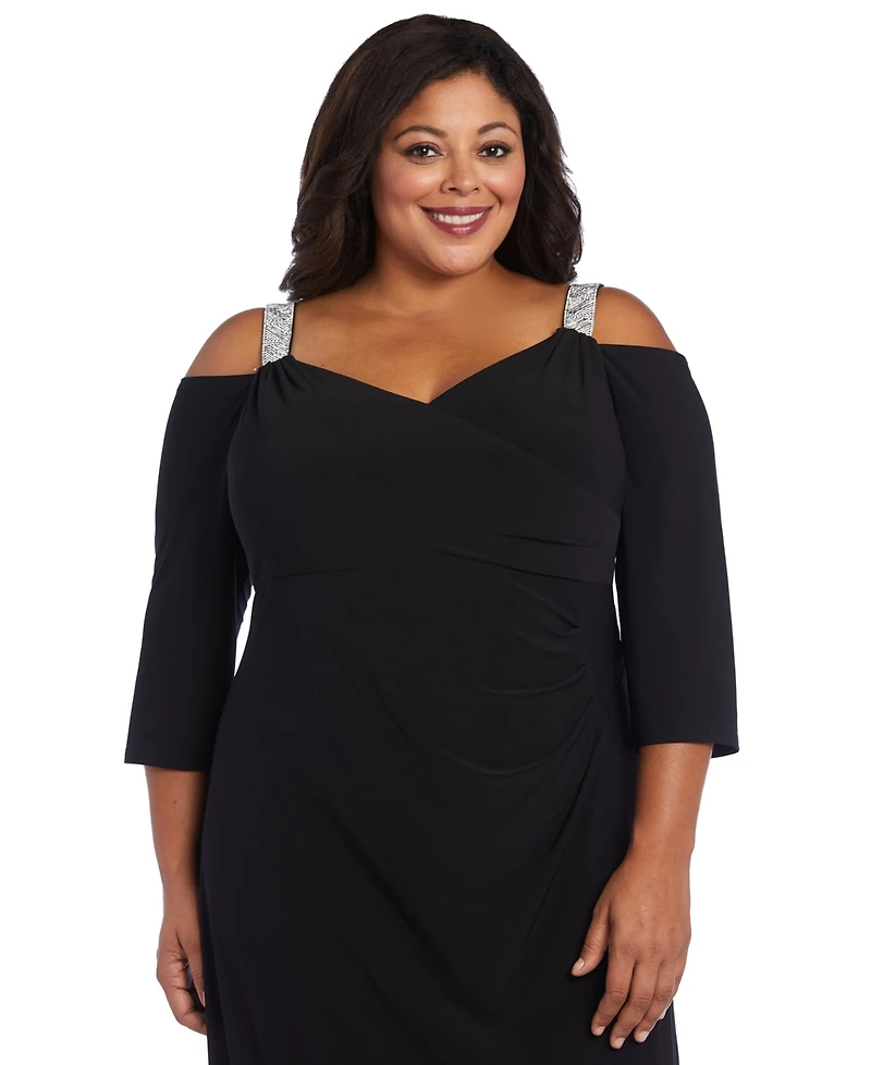 R & M Richards Plus Embellished Cold-Shoulder Gown