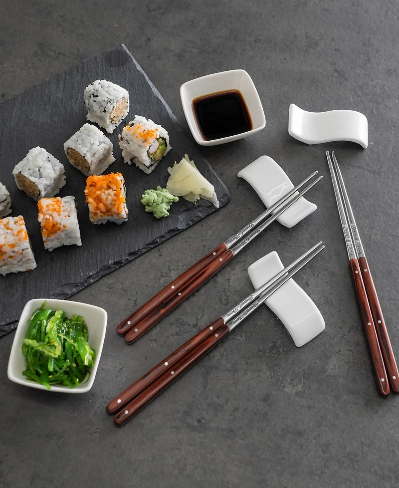 French Home Pakkawood Chopsticks, Ceramic Rests and Sauce Bowls, Set of 4 Pairs