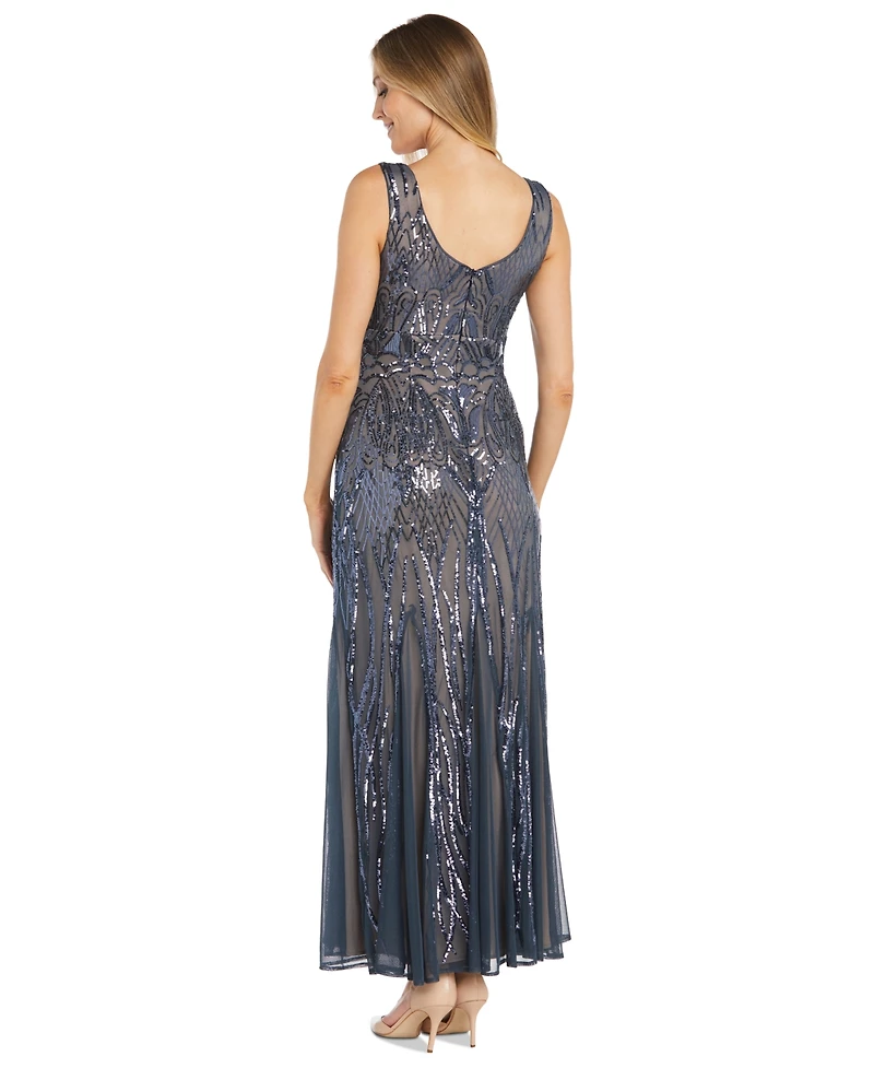 R & M Richards Women's Sequined V-Neck Godet Gown