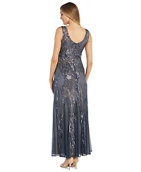 R & M Richards Women's Sequined V-Neck Godet Gown