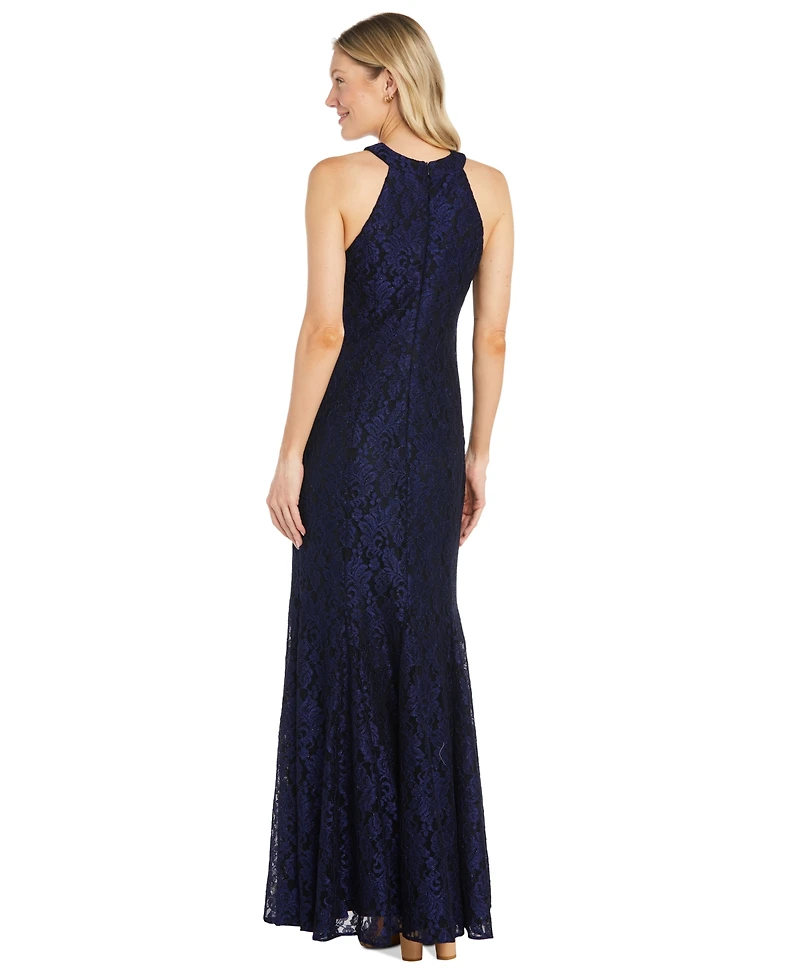 R & M Richards Women's Glitter Lace Halter Gown