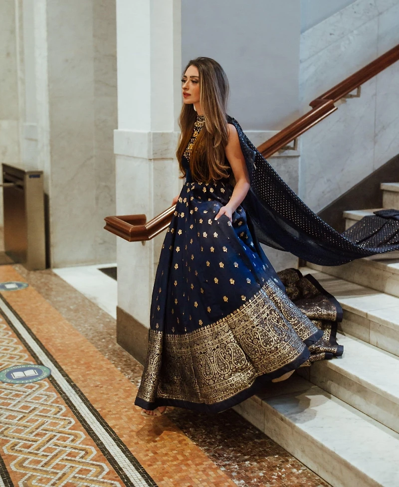 Raas Women's Blue Anarkali Gown with Sequins and Cutdana Handwork on the Torso and Banarasi Jacquard Bottom