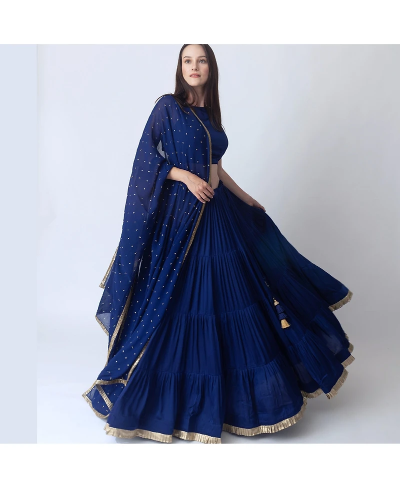 Raas Women's Royal Blue Lehenga Choli with Gold Trim
