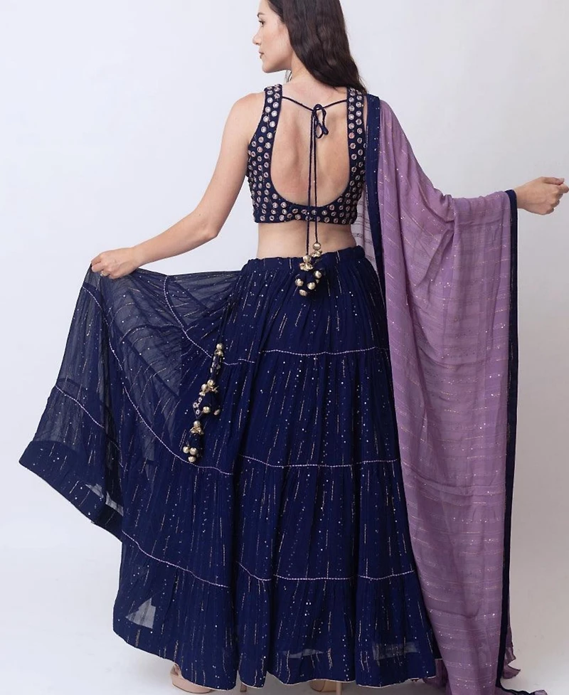 Raas Women's Navy Blue Lehenga Choli Set with Tiered Skirt and Mirror Work Blouse