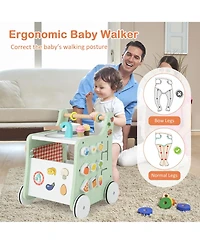 Costway 6-in-1 Baby Push Walker Wooden Strollers Learning Activity Center Toy with Kitchen