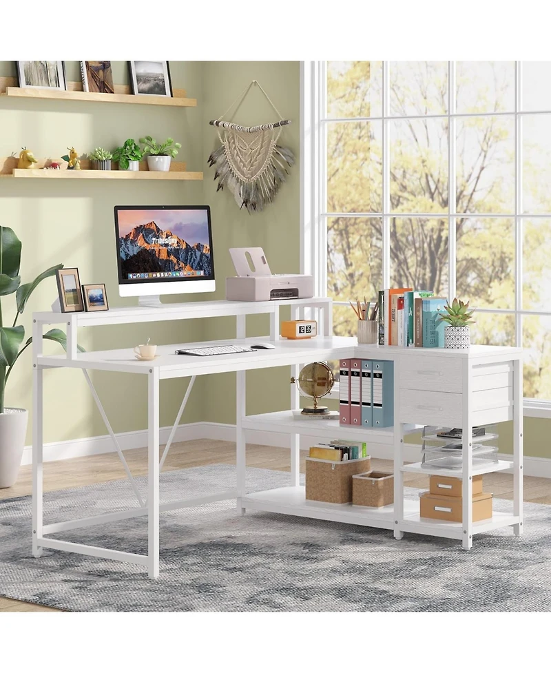 Tribesigns 55-inches Reversible L Shaped Desk with Drawer, Modern White Corner Home Office Table, Wooden and Metal Pc