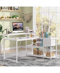 Tribesigns 55-inches Reversible L Shaped Desk with Drawer, Modern White Corner Home Office Table, Wooden and Metal Pc